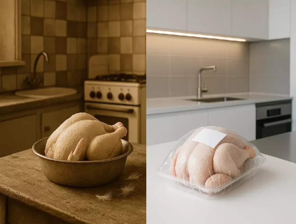Comparaison visuelle entre une cuisine traditionnelle des années 1950 avec un poulet à plumer et une cuisine moderne avec un poulet préemballé, illustrant l'évolution des pratiques de préparation du poulet.