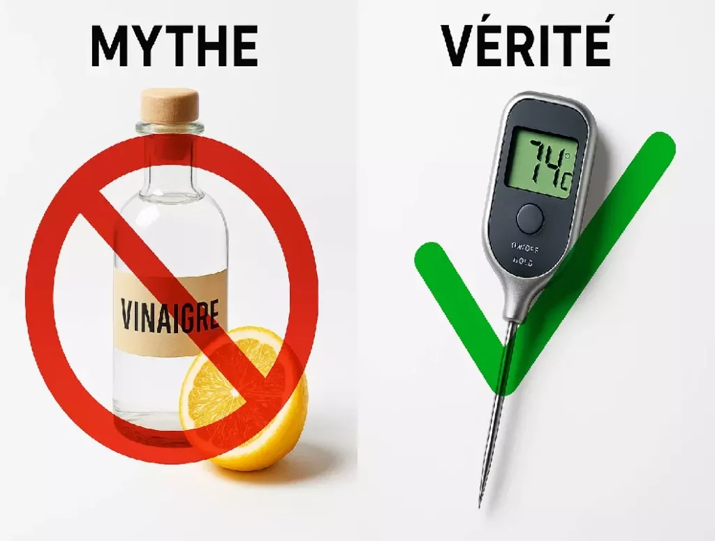 Composition montrant d'un côté une bouteille de vinaigre et un citron avec un symbole d'interdiction, et de l'autre un thermomètre de cuisson indiquant 74°C avec un symbole de validation, représentant les mythes versus la réalité scientifique.
