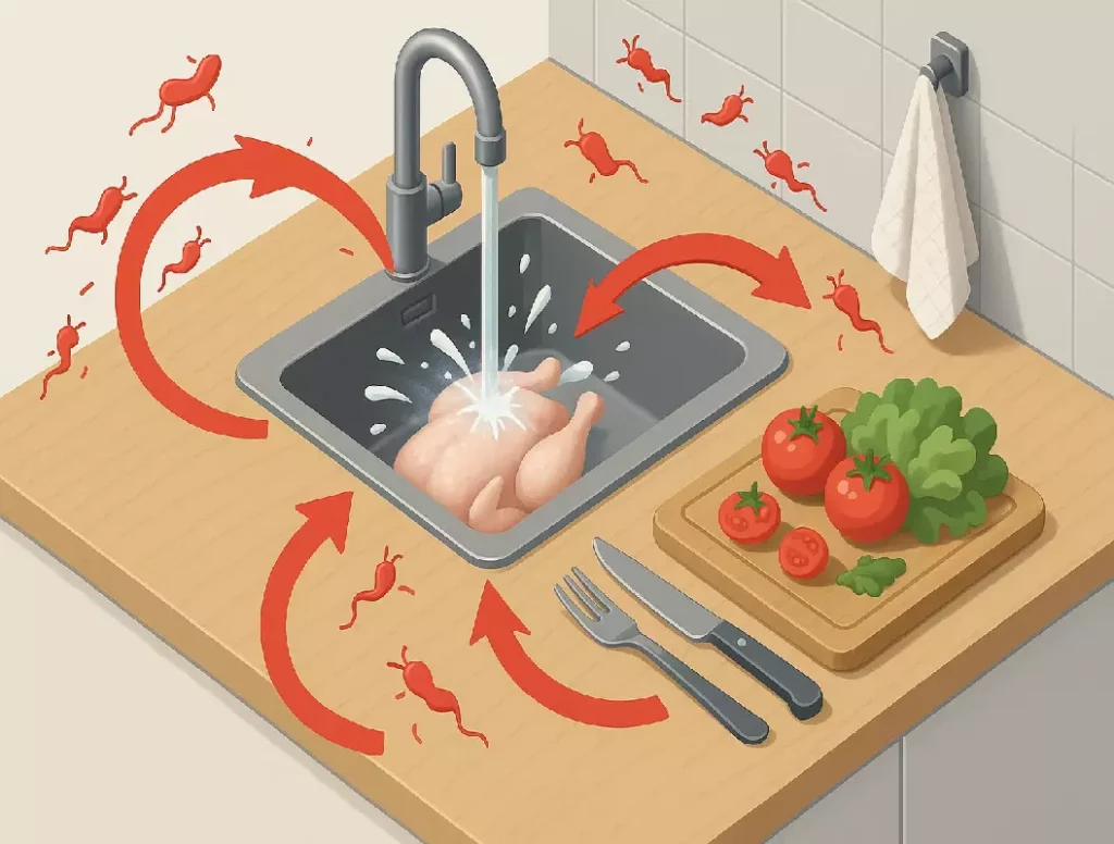 faut il laver le poulet?-Infographie montrant un poulet sous un filet d'eau avec des flèches rouges et des symboles de bactéries (Campylobacter) éclaboussant dans toutes les directions vers l'évier, le plan de travail, les légumes et les ustensiles à proximité.