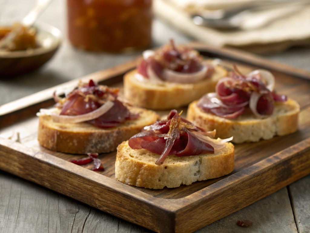 Toasts apéritifs de magret de canard séché maison sur pain grillé avec confiture d'oignon et lamelles fines sur planche en bois