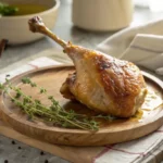Confit de canard doré et croustillant sur une assiette en bois rustique.