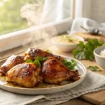 Image principale ultra-réaliste d’une recette haut de cuisse de poulet au miel et épices, servie sur une assiette avec riz et carottes, sur une table en bois rustique.