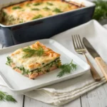 Lasagnes saumon épinards gratinées et gourmandes tout juste sorties du four.