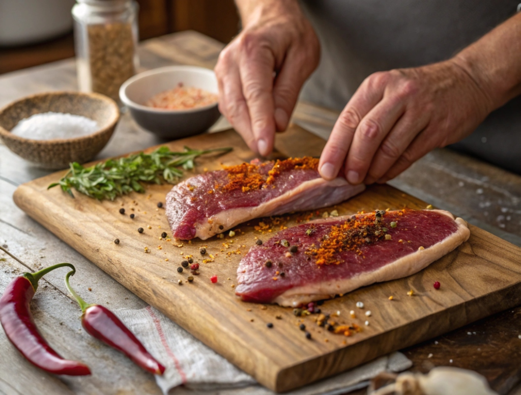 Assaisonnement d'un magret de canard frais avec épices et piment d'Espelette sur planche à découper en bois avant séchage maison