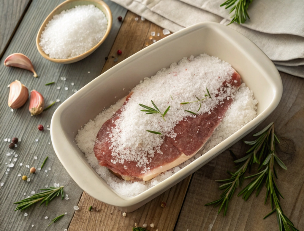 Magret de canard entièrement enfoui dans du gros sel avec romarin pendant l'étape de salaison pour conservation et séchage
