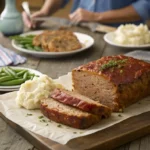 Pain de viande doré tranché sur une table en bois rustique, servi avec purée et haricots verts, dans une ambiance de dîner familial cosy.