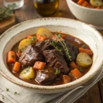 Plat de recette joue de boeuf fondante dans un bol rustique avec carottes et thym.