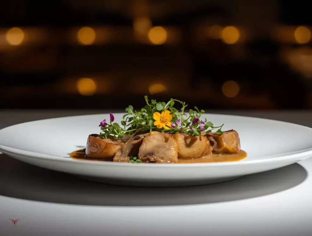 Ris de veau aux morilles en sauce brune avec micro-pousses et fleurs comestibles, présentation gastronomique sur assiette blanche avec éclairage tamisé