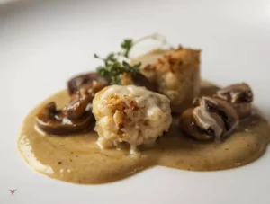 Ris de veau poêlé accompagné de champignons de Paris dans une sauce crémeuse onctueuse, garni d'herbes fraîches, plat gastronomique raffiné