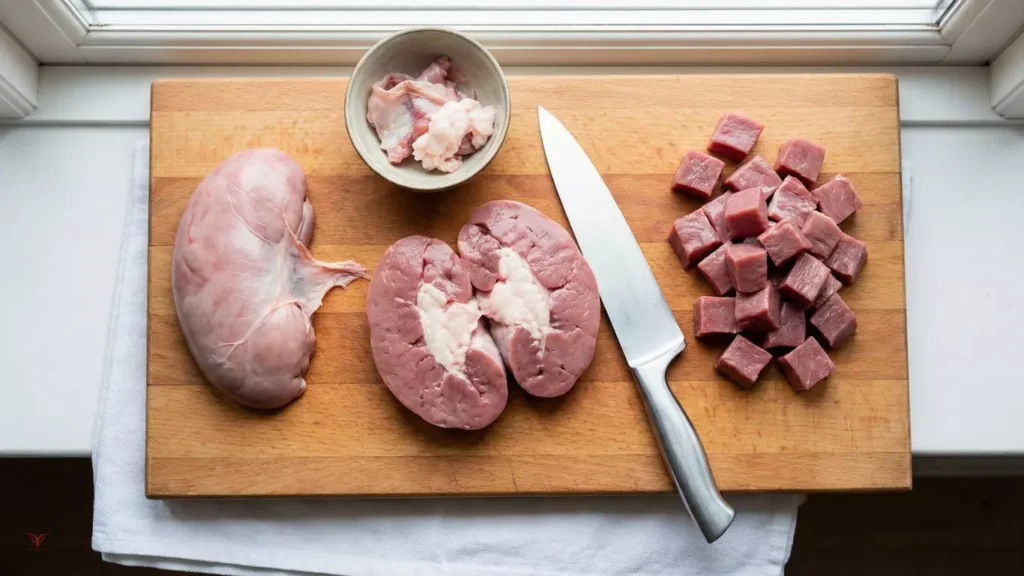 Préparation rognon de veau sur planche à découper : parage de la membrane et retrait de la partie centrale blanchâtre, technique professionnelle étape par étape