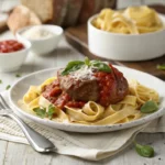 Paupiette de veau mijotée dans une sauce tomate maison, servie avec des tagliatelles al dente et garnie de basilic frais et de parmesan râpé, présentée sur une assiette rustique dans un décor de table à la française.