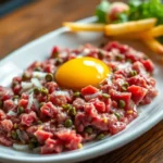 Assiette de recette steak tartare authentique avec jaune d’œuf, câpres et frites en accompagnement.