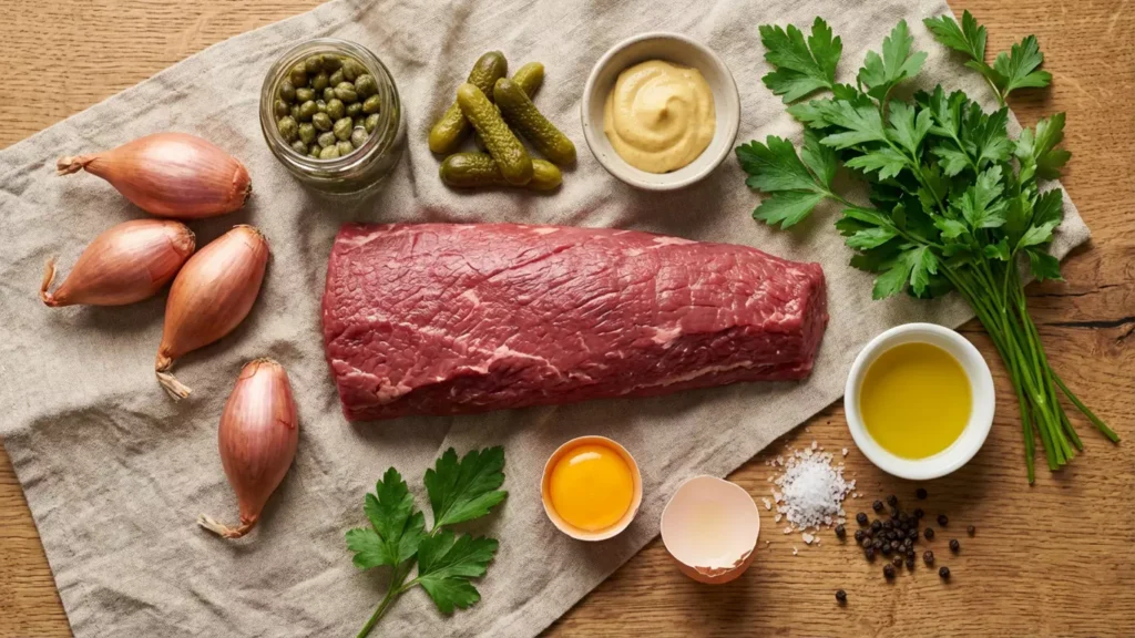 Ingrédients de la recette steak tartare traditionnelle : filet de bœuf cru, échalotes, câpres, jaune d’œuf, moutarde et persil.