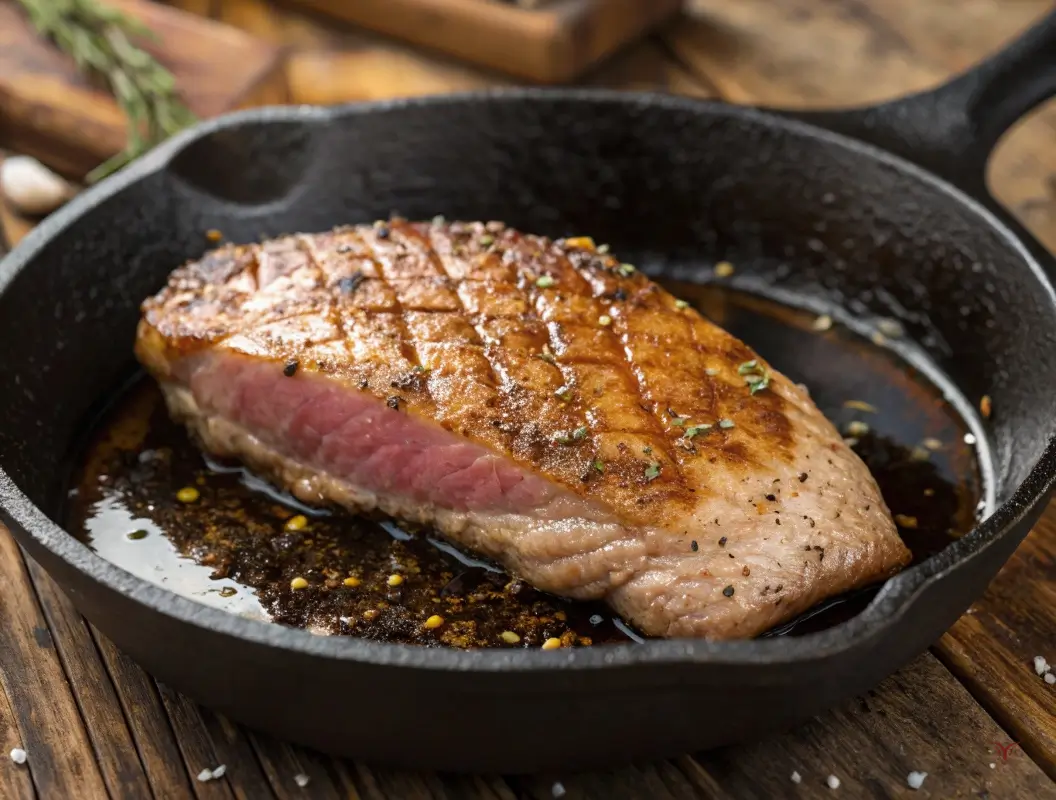 Magret de canard au miel en cuisson dans une poêle en fonte, peau croustillante et chair rosée, prêt à être laqué.