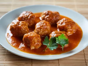 boulettes de viande dans une sauce tomate, servies sur une assiette blanche.