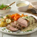 Plat rustique de tête de veau tranchée, nappée de sauce gribiche crémeuse, avec pommes de terre et carottes, sur une table en bois, ambiance cuisine française traditionnelle.