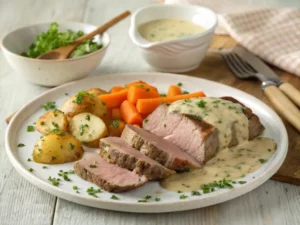Plat rustique de tête de veau tranchée, nappée de sauce gribiche crémeuse, avec pommes de terre et carottes, sur une table en bois, ambiance cuisine française traditionnelle.