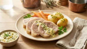 Plat rustique de tête de veau tranchée, nappée de sauce gribiche crémeuse, avec pommes de terre et carottes, sur une table en bois, ambiance cuisine française traditionnelle.