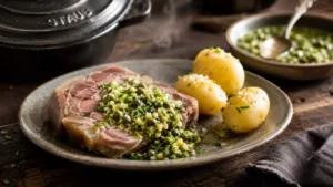 Recette de tête de veau à l’ancienne servie avec une sauce gribiche maison et des pommes de terre vapeur