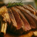 Côte de boeuf au four tranchée sur une planche en bois, avec croûte dorée, viande juteuse à point, tomates rôties et brins de romarin, photographie réaliste pour recette festive sur le blog Recettes Carnées.