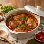 Poulet Basquaise Cookeo prêt en 30 minutes, dans une cocotte blanche, avec poivrons rouges, verts et sauce tomate, sur une table en bois.