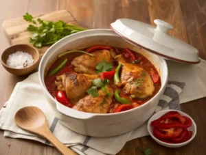 Poulet Basquaise Cookeo prêt en 30 minutes, dans une cocotte blanche, avec poivrons rouges, verts et sauce tomate, sur une table en bois.