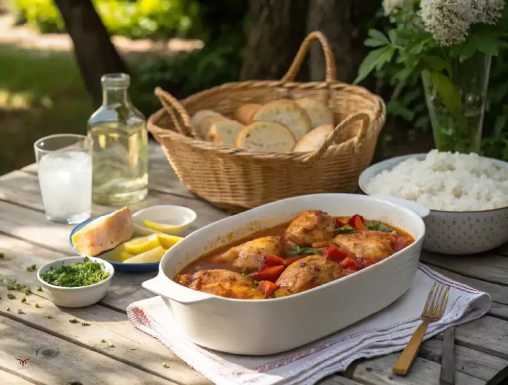 Dîner basque en été avec poulet basquaise, riz, baguette et eau citronnée sur une table extérieure.