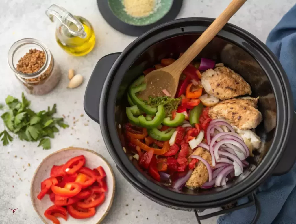 Cuisson du poulet basquaise au Cookeo en mode Dorer avec poivrons, oignons et ail, étape par étape.