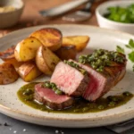 Plat de foie de veau en persillade parfaitement cuit et rosé, nappé d'une sauce à l'ail et au persil, servi dans une assiette rustique avec des pommes de terre sautées croustillantes.