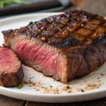 Gros plan sur une magnifique côte de bœuf épaisse, tranchée dans un plat blanc, révélant une cuisson rosée parfaite et une viande tendre et juteuse.