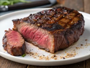 Gros plan sur une magnifique côte de bœuf épaisse, tranchée dans un plat blanc, révélant une cuisson rosée parfaite et une viande tendre et juteuse.