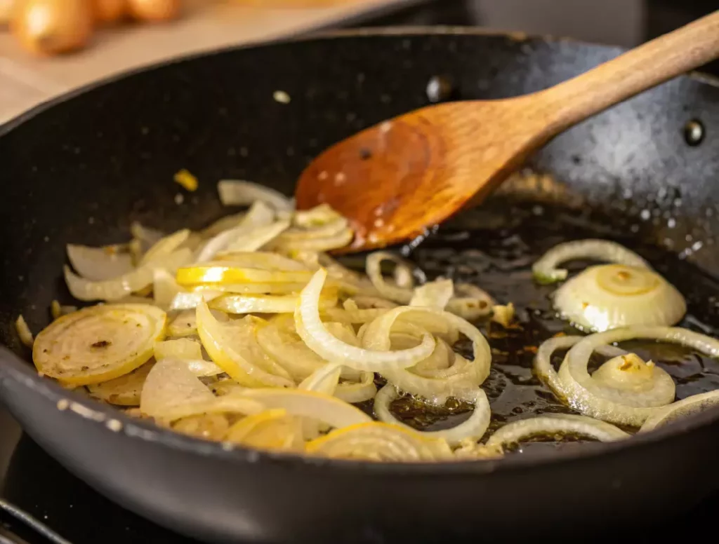 Cuisson lente des oignons jaunes émincés dans une poêle jusqu'à ce qu'ils soient fondants et caramélisés pour la garniture lyonnaise.