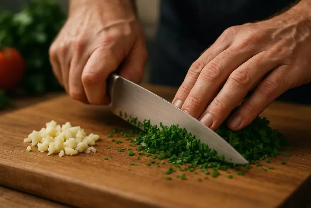 Gros plan sur les mains d'un chef hachant finement du persil frais et de l'ail sur une planche en bois avec un couteau de chef pour la préparation d'une persillade.