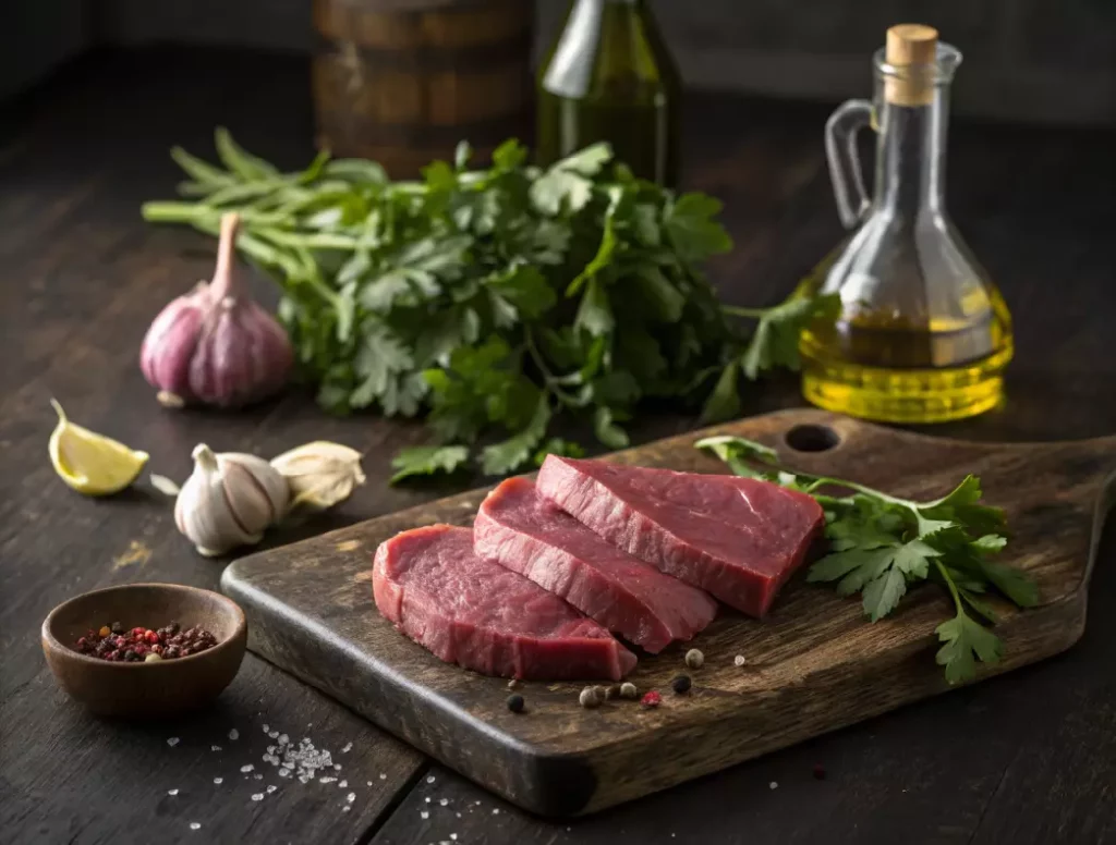 Ingrédients frais pour la recette du foie de veau en persillade : tranches de foie de veau cru, persil plat et gousses d'ail sur une planche en bois.