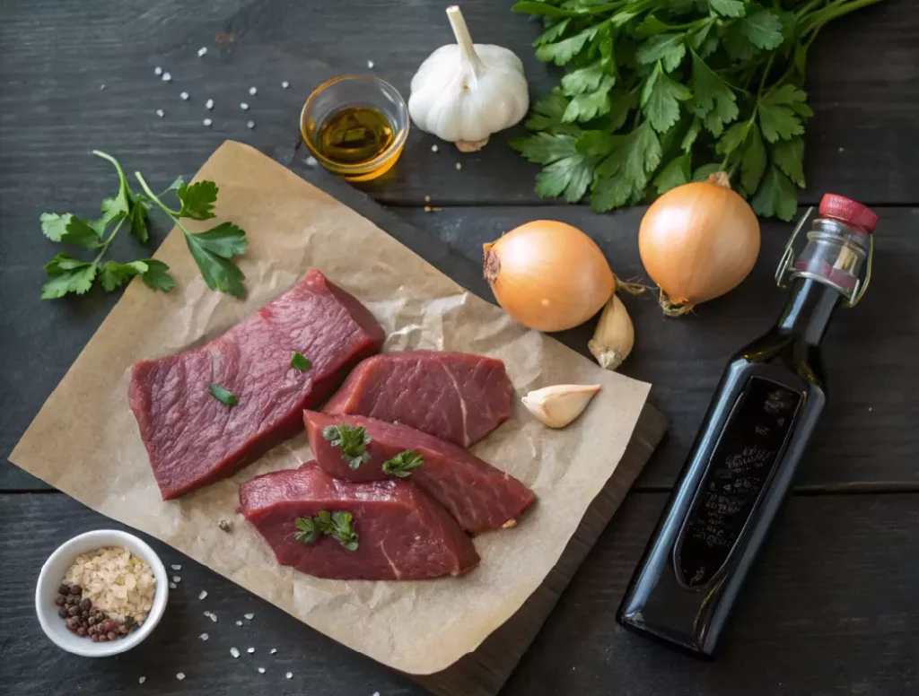Ingrédients frais pour la recette du foie de veau à la lyonnaise, incluant le foie cru, les oignons jaunes et le persil, disposés sur une table en bois.