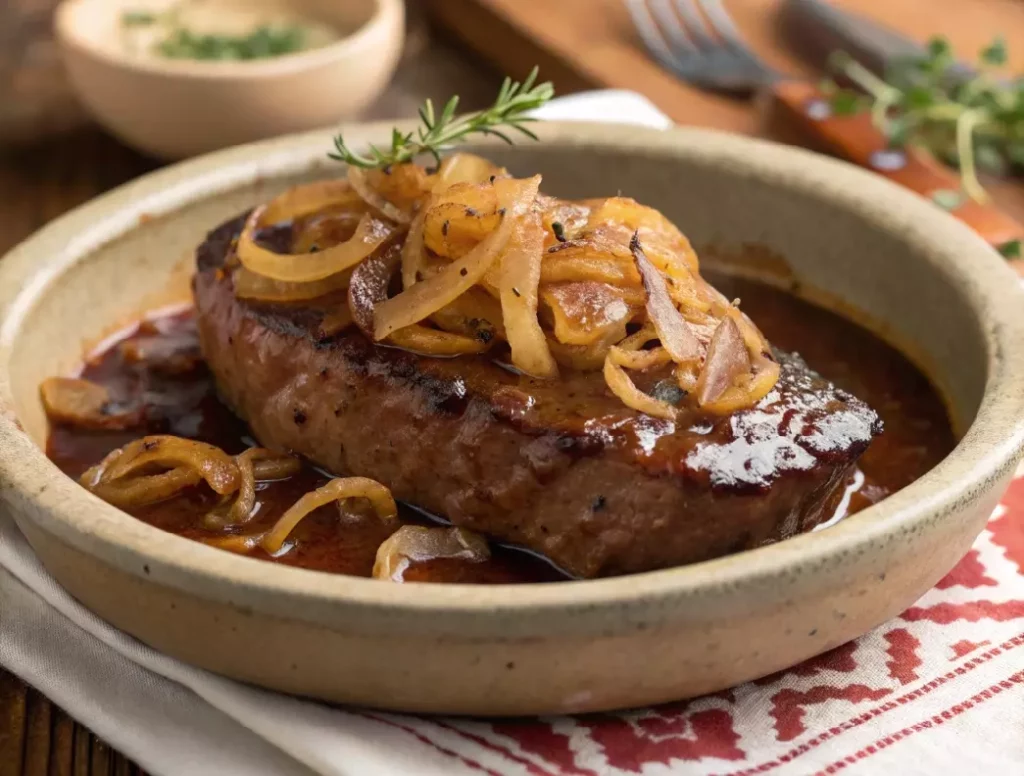 Plat traditionnel de foie de veau à la lyonnaise, servi avec ses oignons caramélisés et sa sauce riche.