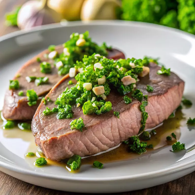 Assiette de foie de veau en persillade, garni généreusement de persil frais et d'ail haché.