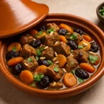 Tajine agneau servi dans un plat en terre cuite traditionnel, garni de pruneaux, abricots secs, carottes et amandes effilées, avec coriandre fraîche en décoration sur fond en pierre beige.