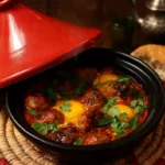 un tajine kefta marocain traditionnel servi dans un plat en terre cuite, avec des boulettes de viande mijotées dans une sauce tomate rouge intense, surmontées d’œufs pochés et parsemées de coriandre fraîche. Le tout est présenté sur une table rustique avec du pain marocain et un service à thé à la menthe en arrière-plan, dans une ambiance chaleureuse et authentique.
