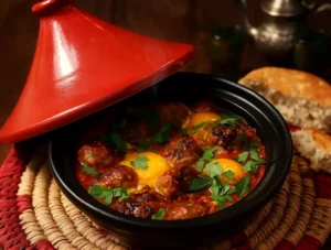 un tajine kefta marocain traditionnel servi dans un plat en terre cuite, avec des boulettes de viande mijotées dans une sauce tomate rouge intense, surmontées d’œufs pochés et parsemées de coriandre fraîche. Le tout est présenté sur une table rustique avec du pain marocain et un service à thé à la menthe en arrière-plan, dans une ambiance chaleureuse et authentique.