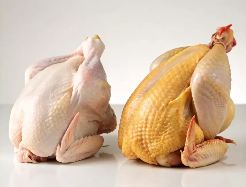 Comparaison de la qualité d'un poulet Label Rouge, plus dodu et doré, à côté d'un poulet standard pour illustrer le choix de la volaille.