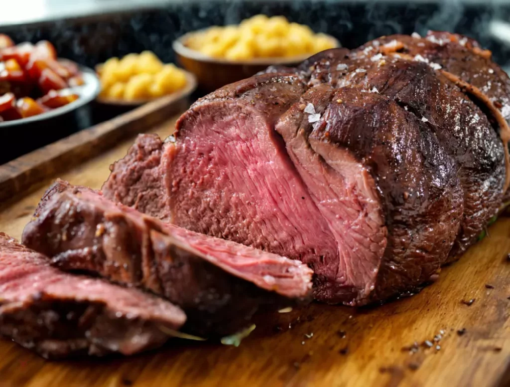 Rôti de bœuf, un morceau noble comme le filet ou le rumsteck, tranché après cuisson pour montrer un cœur rosé et juteux.