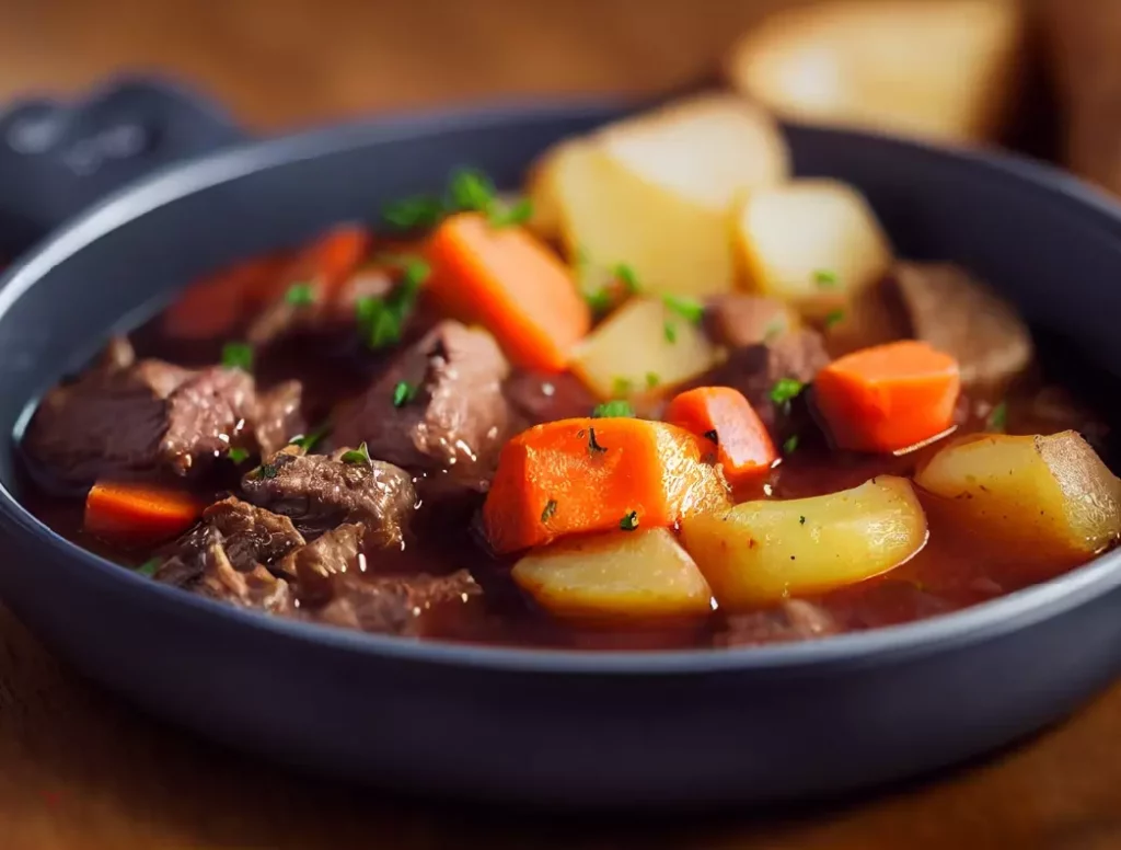 Morceau de bœuf à mijoter comme le paleron cuisant lentement dans une cocotte en fonte pour une recette de bœuf bourguignon.