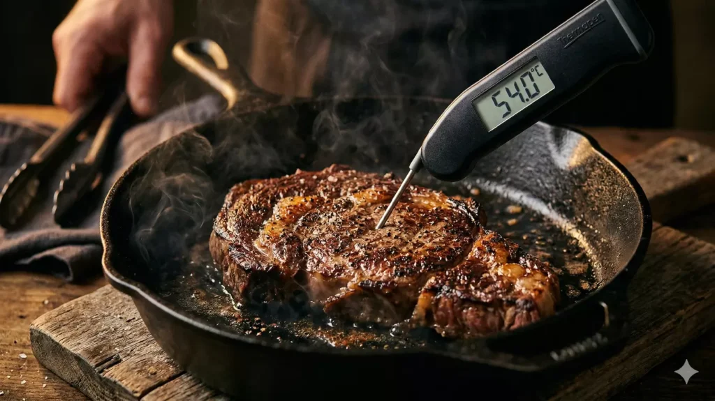 Techniques de cuisson des recettes de bœuf entrecôte
saisie à la poêle croûte dorée thermomètre sonde 54°C Chef Lucien