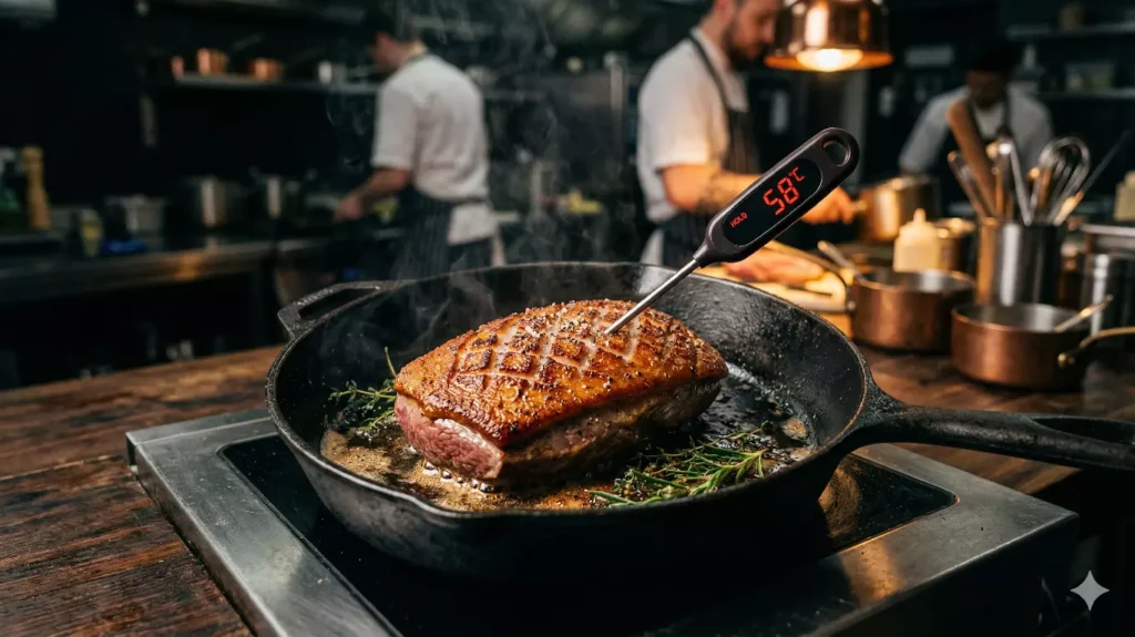 Techniques de cuisson des recettes de volaille magret
de canard poêlé thermomètre 58°C rosé technique chef