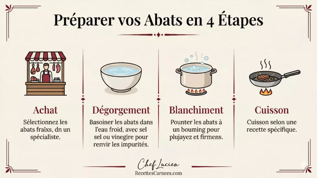 Infographie les étapes essentielles pour préparer
les recettes d'abats dégorgement blanchiment parage Chef Lucien