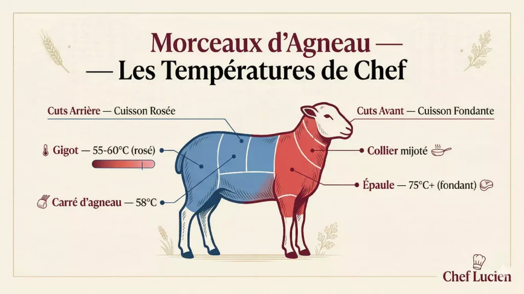 Infographie guide complet des morceaux d'agneau
pour vos recettes gigot épaule carré souris températures
Chef Lucien RecettesCarnees