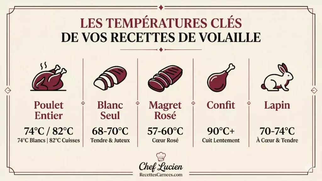 Infographie les règles essentielles pour réussir
vos recettes de volaille températures labels techniques
Chef Lucien RecettesCarnees