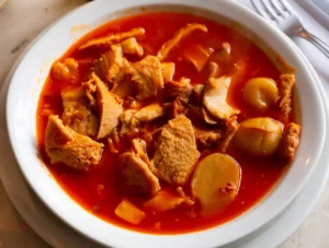 Plat traditionnel de tripes à la mode de Caen servi dans une assiette creuse avec des pommes de terre vapeur, illustrant la recette authentique.