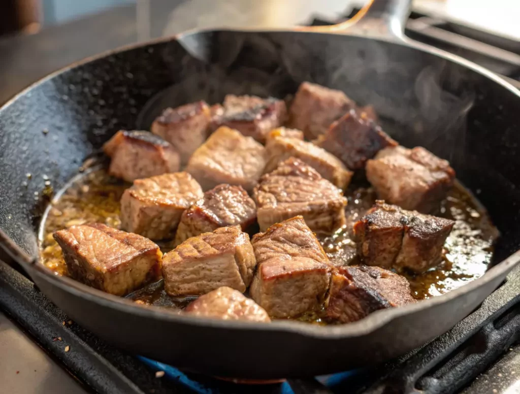 Gros plan de morceaux de bœuf en train d'être saisis dans une poêle chaude, illustrant l'étape cruciale pour développer les saveurs d'un plat mijoté.